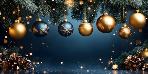 Fototapeta premium Beautifully arranged Christmas ornaments hanging from pine branches with a festive background