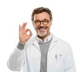 Doctor giving positive gesture in clinic healthcare environment smile isolated on transparent background