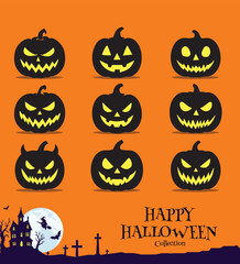 Set of pumpkin face silhouette halloween spooky jack-o-lantern