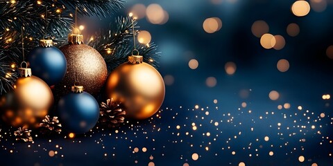 Sparkling Christmas ornaments and golden lights create a festive atmosphere during the holiday season