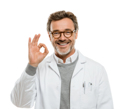 Doctor giving positive gesture in clinic healthcare environment smile isolated on transparent background