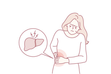Unhealthy woman suffer from liver problems. Unwell girl struggle with body organ inflammation. Healthcare and medicine. Vector illustration.