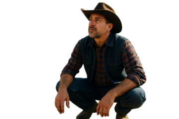 Cowboy man in squatting pose wearing plaid shirt and hat, isolated style on white background. Concept of rural lifestyle and outdoor work. Ai generative