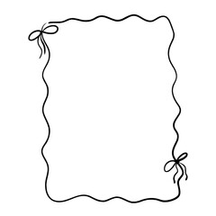 Wavy rectangular frame with ribbon bows in whimsical quick sketch vector line art. Cute line doodle coquette design element for invitations, greeting cards, stationery, romantic and wedding designs