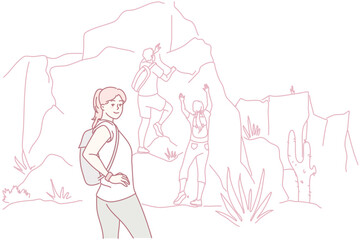 Happy woman hiking in mountains. Smiling girl enjoy active travel on weekend. Sport and nature. Vector illustration.