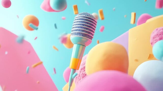 Colorful microphone with floating abstract shapes on bright background