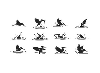 Kingfisher Bird Fishing Water Splash Icons.