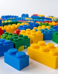 Obraz premium Close-up of Colorful Plastic Building Blocks on a White Background, Education and STEM Concept