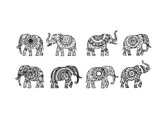 Set of Eight Ornate Mandala Elephants.