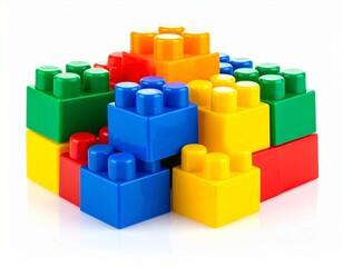 Obraz premium Close-up of Colorful Plastic Building Blocks on a White Background, Education and STEM Concept
