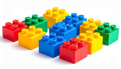 Obraz premium Close-up of Colorful Plastic Building Blocks on a White Background, Education and STEM Concept