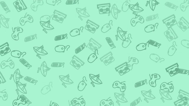 Seamless mint green background featuring gadgets, gaming, and communication icons, symbolizing technology and digital entertainment. - Powered by Adobe