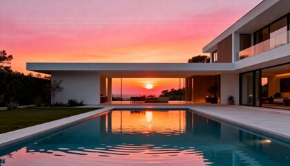 Obraz premium Modern villa with infinity pool and ocean sunset reflection 