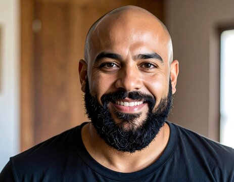 Close-up of a smiling bald man with a thick beard against a blurred, neutral indoor backdrop