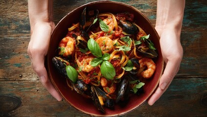 Hands holding a bowl of pasta with seafood (1)