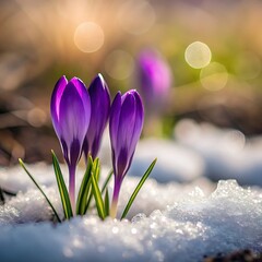 Delicate purple crocuses emerge from melting snow in early spring sunlight