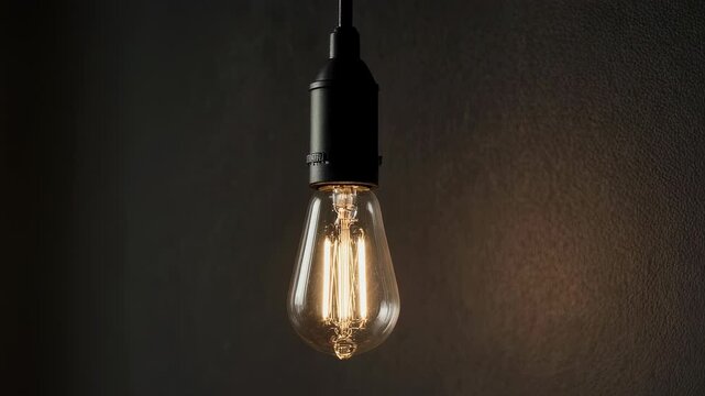 Close-up image of a vintage lightbulb hanging from a dark wire, against a textured dark grey background