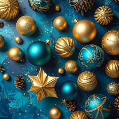 Festive Christmas Ornaments - Golden and Teal Holiday Decorations.