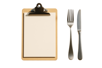 Clipboard with paper, fork and knife isolated on clean white background, closeup layout for restaurant menu or food design concept. Ai generative