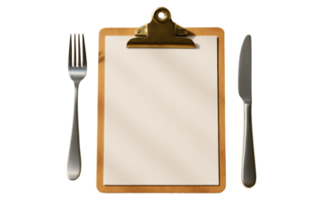 Clipboard with blank paper between fork and knife, isolated style on a white background, concept of menu template or food layout design. Ai generative