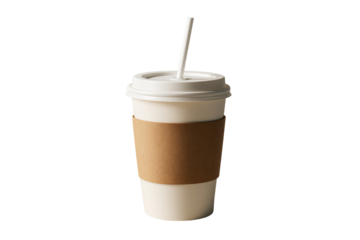 Disposable coffee cup with straw and kraft sleeve, isolated style, on white background. Concept of takeaway drink, branding, and layout. Ai generative