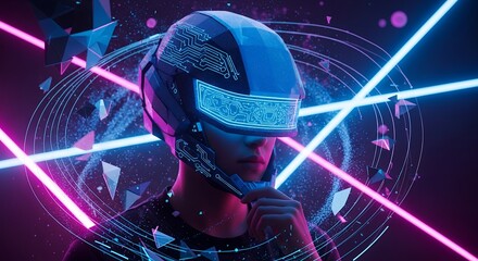 Person in futuristic helmet with neon lights and geometric shapes surrounding them in a dark space. Concept for virtual reality gaming, augmented reality interface and advanced technology simulation
