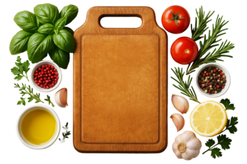 Wooden cutting board with fresh herbs, vegetables, oil, garlic, and spices, isolated on white background, concept of food layout. Ai generative