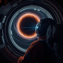 Astronaut Staring at Glowing Wormhole Through Spaceship Window – 8K Sci-Fi Space Scene