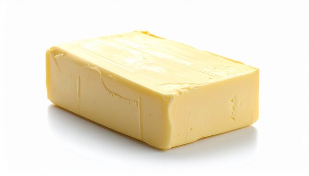 Describe a pale yellow block of butter with smooth texture and subtle indentations, placed on a white surface. Highlight its fresh appearance and relevance to cooking, baking, and food packaging.