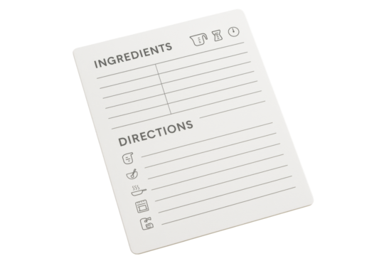 Blank recipe card with ingredients and directions layout, minimalist graphic style, isolated on white background. Concept of food preparation. Ai generative