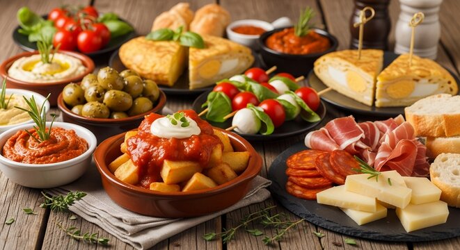 Close up of various spanish tapas served on rustic wooden table, featuring patatas bravas. Concept for catering service, food photography, and restaurant menu design - Powered by Adobe