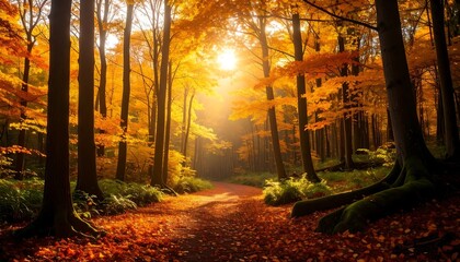 Autumn forest path bathed in sunlight