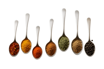 Assorted colorful ground and whole spices in metal spoons, isolated on white background, clean closeup layout for creative food design. Ai generative