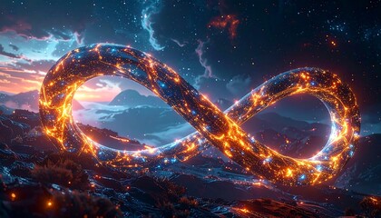 A glowing infinity symbol floats above a rugged landscape under a vibrant, nebula-filled, cosmic sky