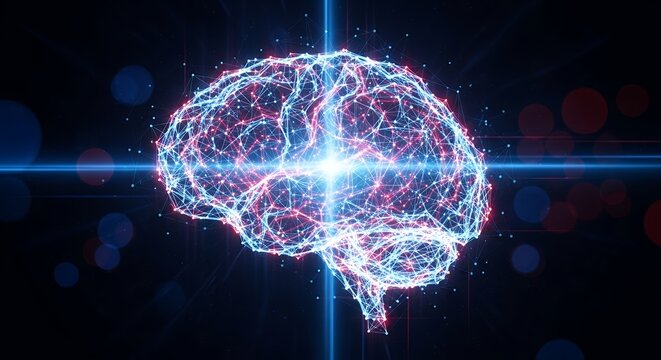 Digital brain formed by glowing connections against a dark background and a blue light streak. Concept for artificial intelligence, neural networks and brain science visualization