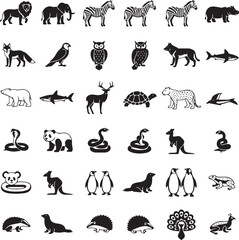 Wild animals collection silhouette vector set: lion, tiger, elephant, bear, wolf, deer, kangaroo, cat, dog, horse, cow