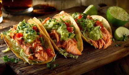 Three salmon tacos with guacamole on a rustic wooden board