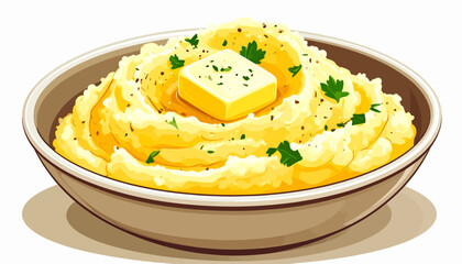 A delicious bowl of creamy mashed potatoes with a melting pat of butter and fresh parsley garnish.