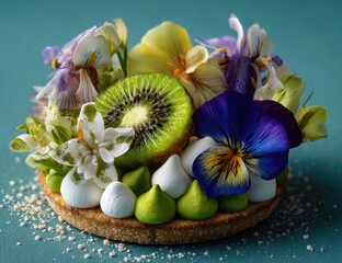 Delicate tart topped with kiwi, flowers, and whipped cream