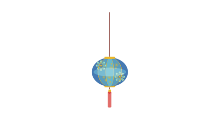 A blue and yellow chinese lantern hanging from a red string against a white background