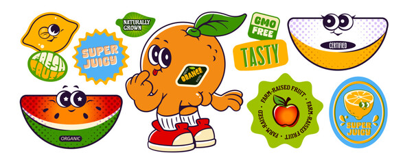 Retro fruit sticker set with cartoon orange character, watermelon slice and lemon for vintage packaging design. Colorful badges with organic labels and playful eyes. Fun groovy style illustrations.