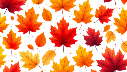 A vibrant pattern of colorful autumn leaves in shades of red, orange, and yellow scattered across a white background.