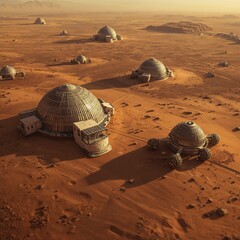 Futuristic Martian Colony with Dome Habitats and Rovers on Red Desert Landscape