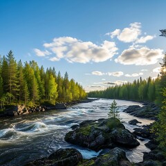 River Flowing Through Lush Forest Landscape.