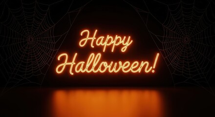 Happy halloween neon sign with orange glow on a dark, cobwebcovered background