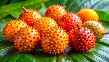 Vibrant Gac Fruit Displayed on Lush Green Leaves.