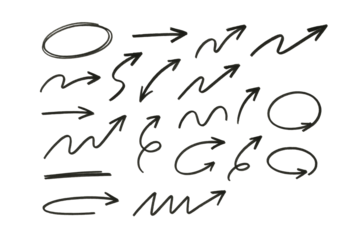 Hand-drawn black arrows and circular shapes in sketch style, isolated on white background, for design layout and creative direction concept. Ai generative