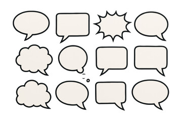 Obraz premium Collection of empty comic-style speech bubbles with bold black outlines, isolated on white background, ideal for creative layout or design. Ai generative