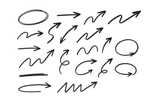 Hand-drawn black arrows and circular shapes in sketch style, isolated on white background, for design layout and creative direction concept. Ai generative