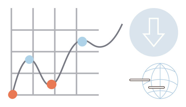 Line chart tracks data trends over time, with a downward arrow implying decline and a globe representing global impact. Ideal for analytics, performance, global strategy, tracking, economics, market